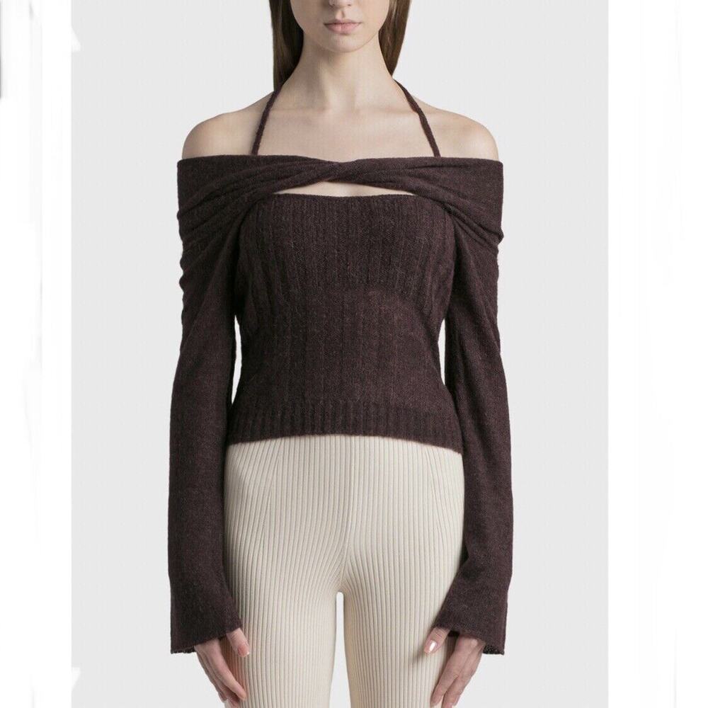 Jonathan Simkhai NWT Women Off The Shoulder Ribbed Twisted Sweater Top Brown XS